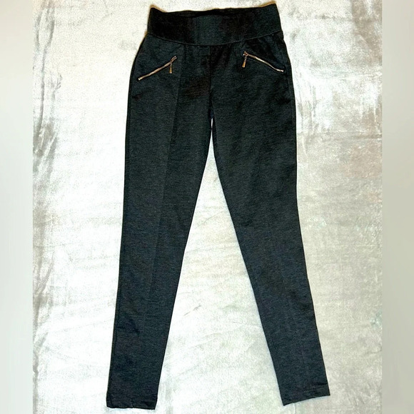 QED London Gold Zipper Charcoal Gray Pull On Stretch Skinny Leggings 10 - Picture 1 of 5